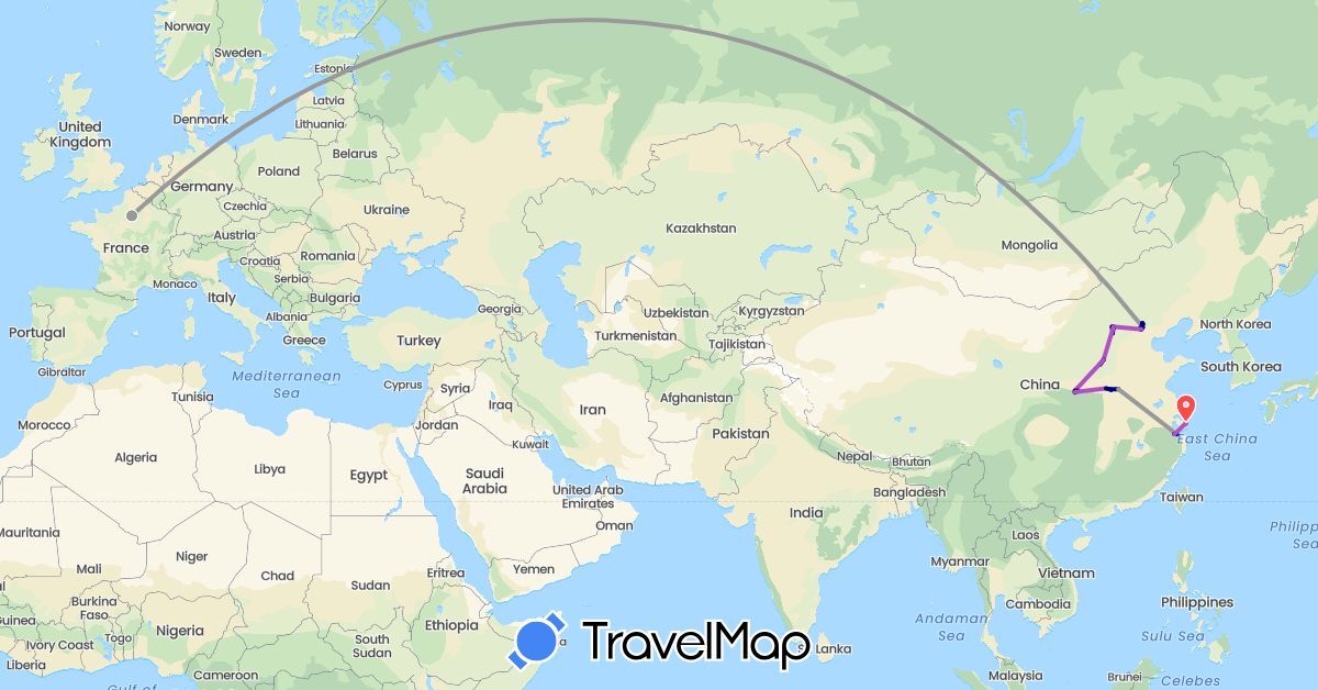 TravelMap itinerary: driving, plane, cycling, train, hiking, boat in China, France (Asia, Europe)
